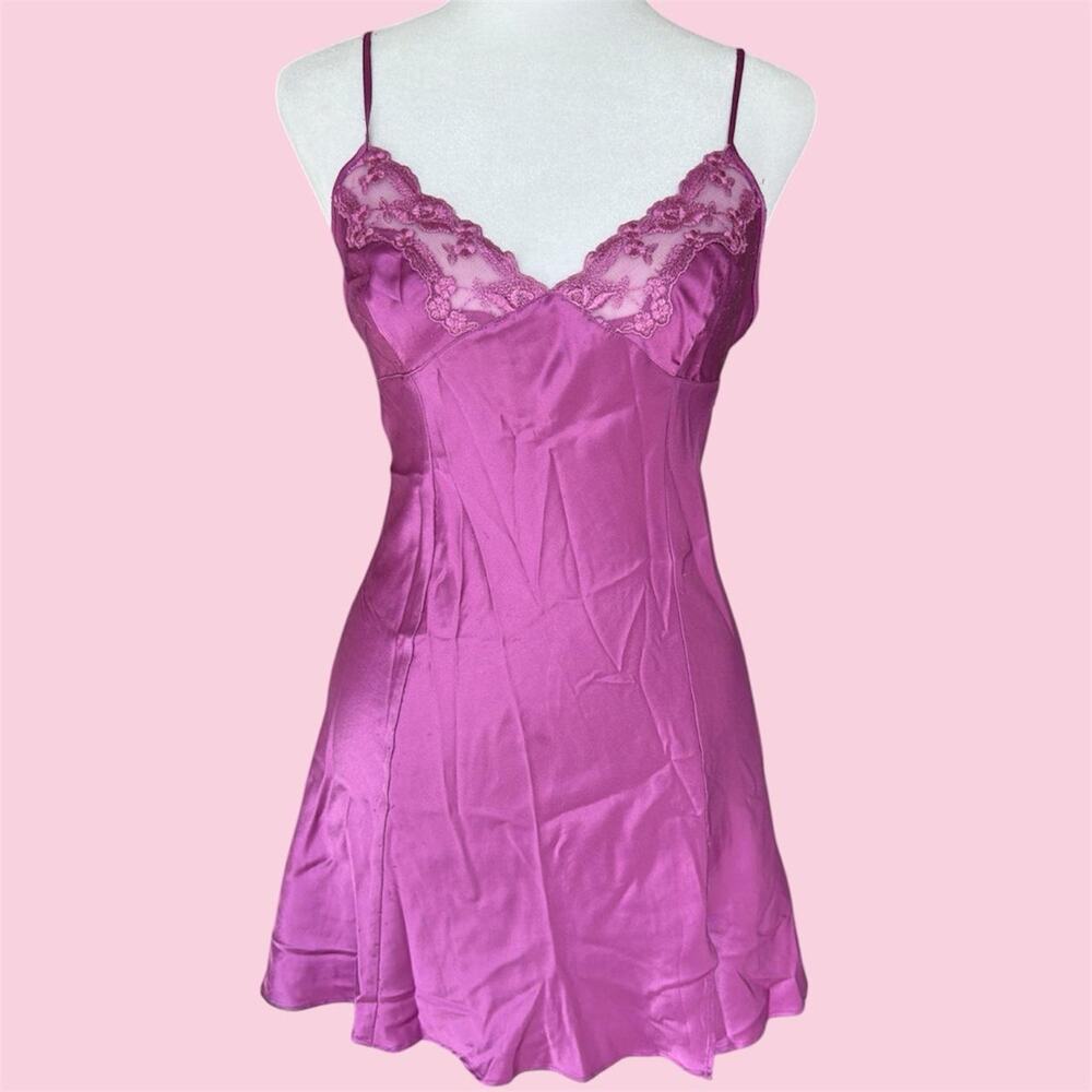 Vintage 2000 Victoria's Secret Purple Satin Slip Dress with Lace Trim Size S